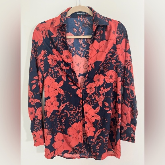 PRETTYLITTLETHING Long Sleeve Deep V Neck Red Floral Oversized Top Size 2 Fall - Picture 2 of 16